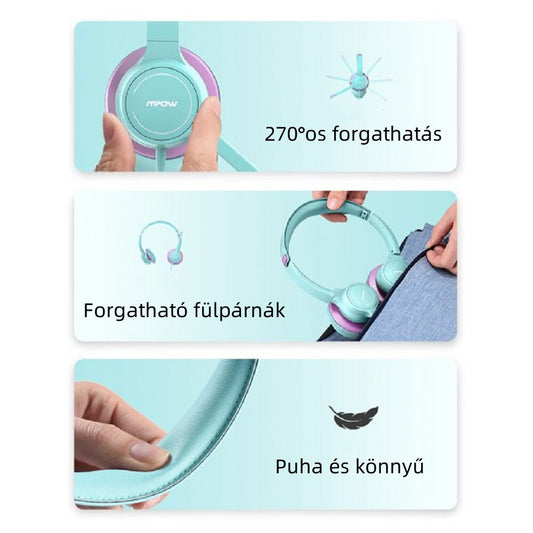 Zöld-lila Mpow gyerek fejhallgató közelről