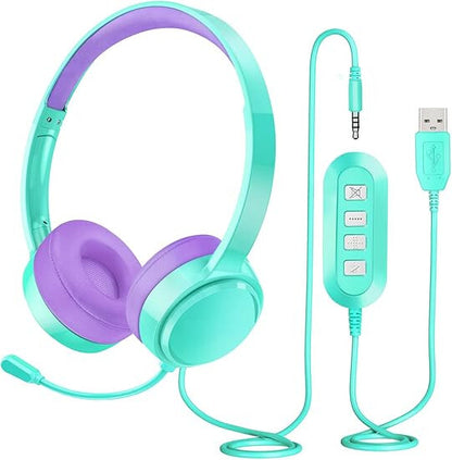 Menta-lila gyerek fejhallgató állítható fejpánttal