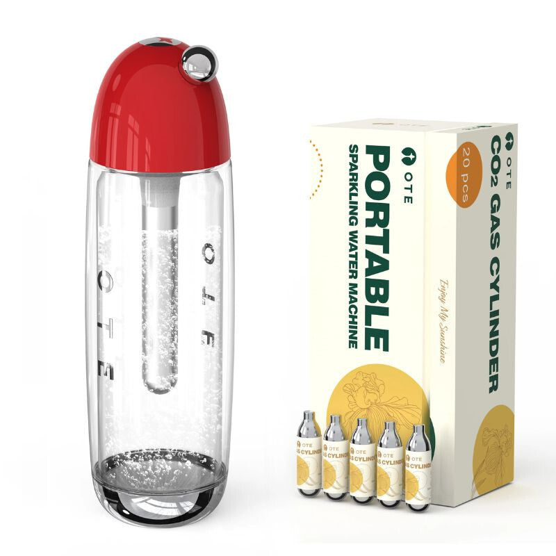 Hordozható szódagép 450 ml, 20 db CO2 patronnal, piros