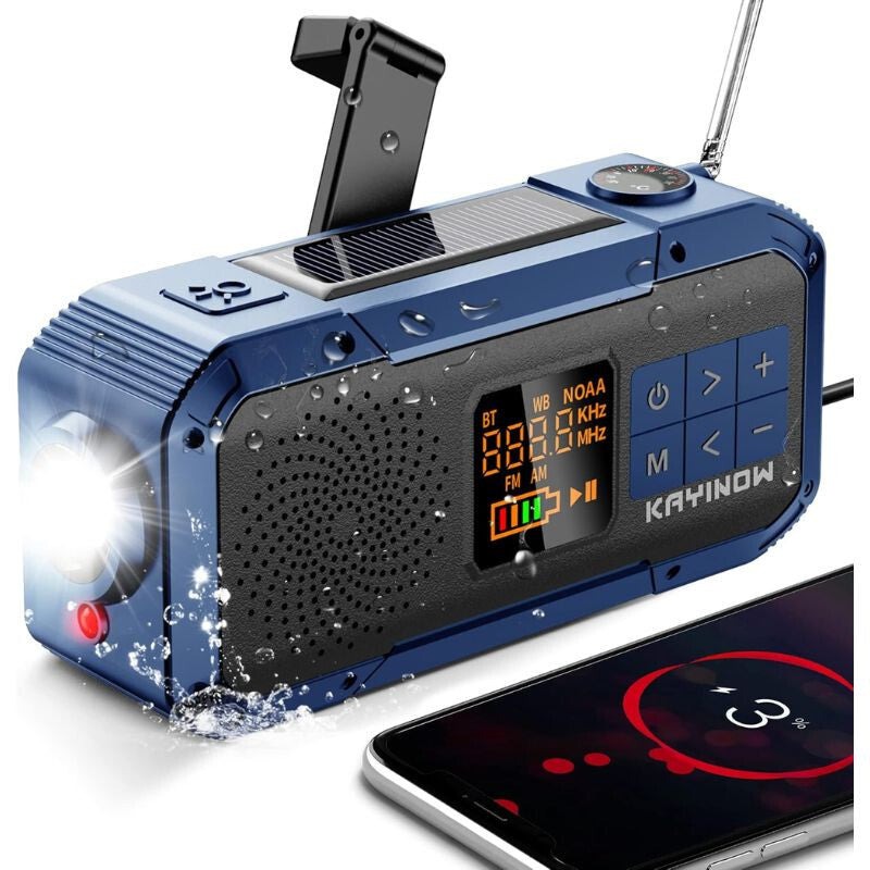 Multifunkciós rádió Bluetooth-szal, power bank és vészlámpa, kék-szürke