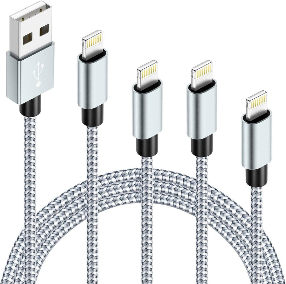 iPhone Lightning töltőkábel szett, 4 × 1 m, fonott nylon, fehér-szürke
