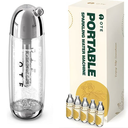 Hordozható szódagép 450 ml, 20 db CO2 patronnal, ezüst