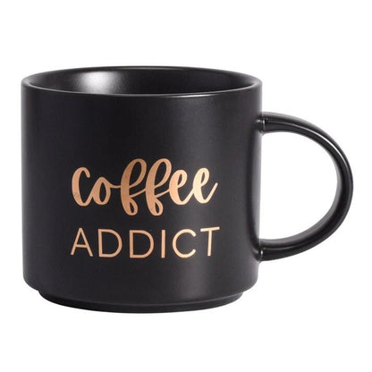 Kerámia bögre 410 ml, Coffee Addict felirat, fekete és arany