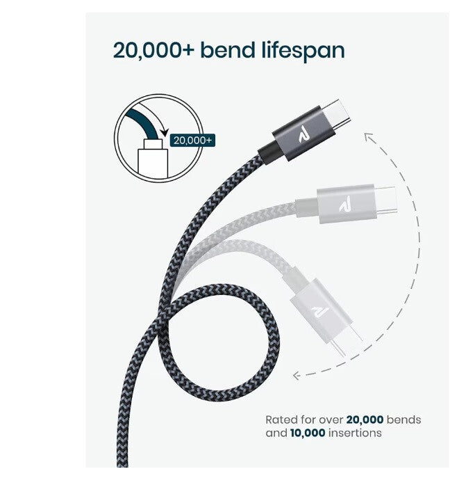 USB-C kábel fonott borítással közelről