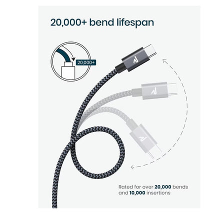 USB-C kábel fonott borítással közelről