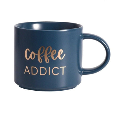 Kerámia bögre 410 ml, Coffee Addict felirat, kék és arany